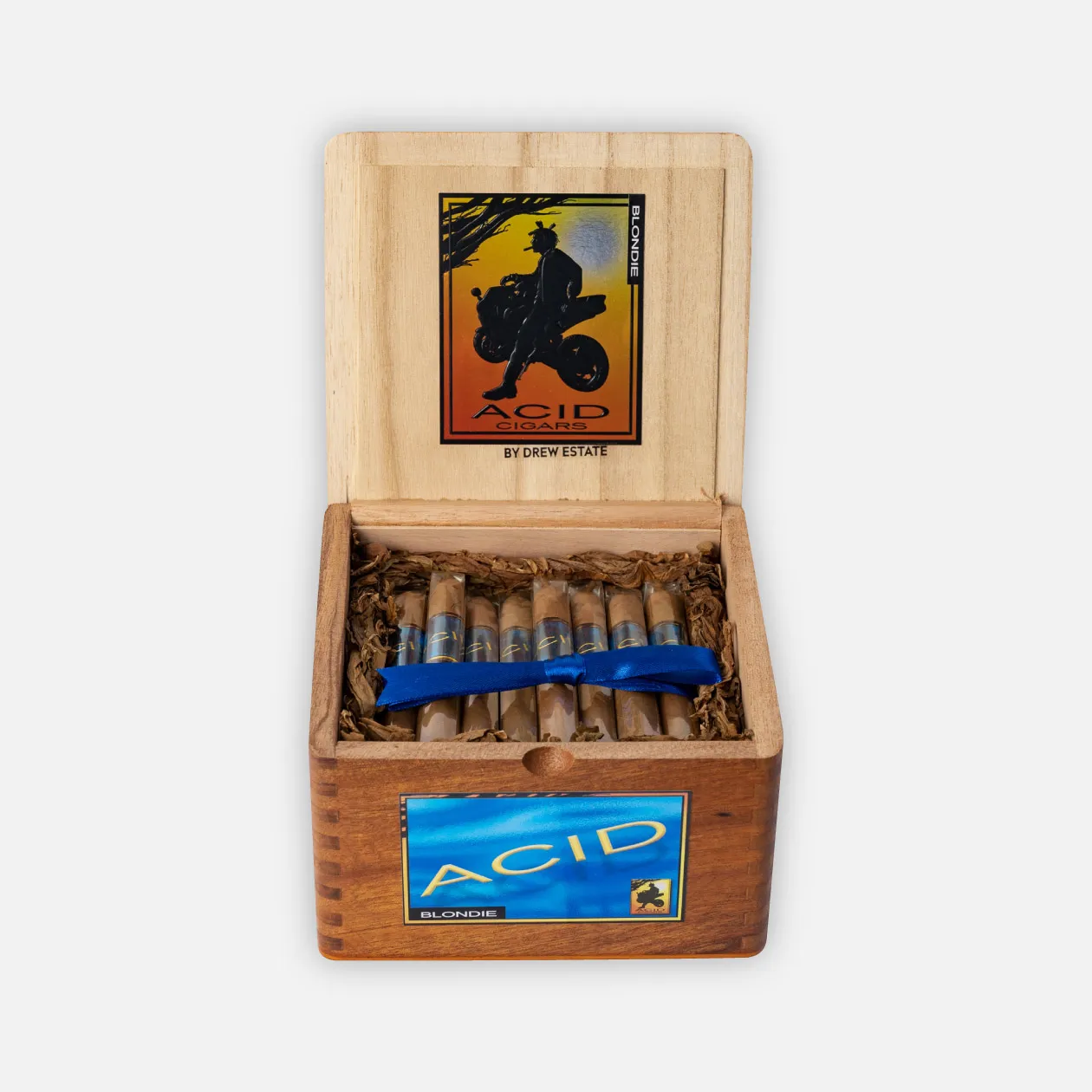 Acid Cigars Blonde by Drew Estate in a rustic wooden box.