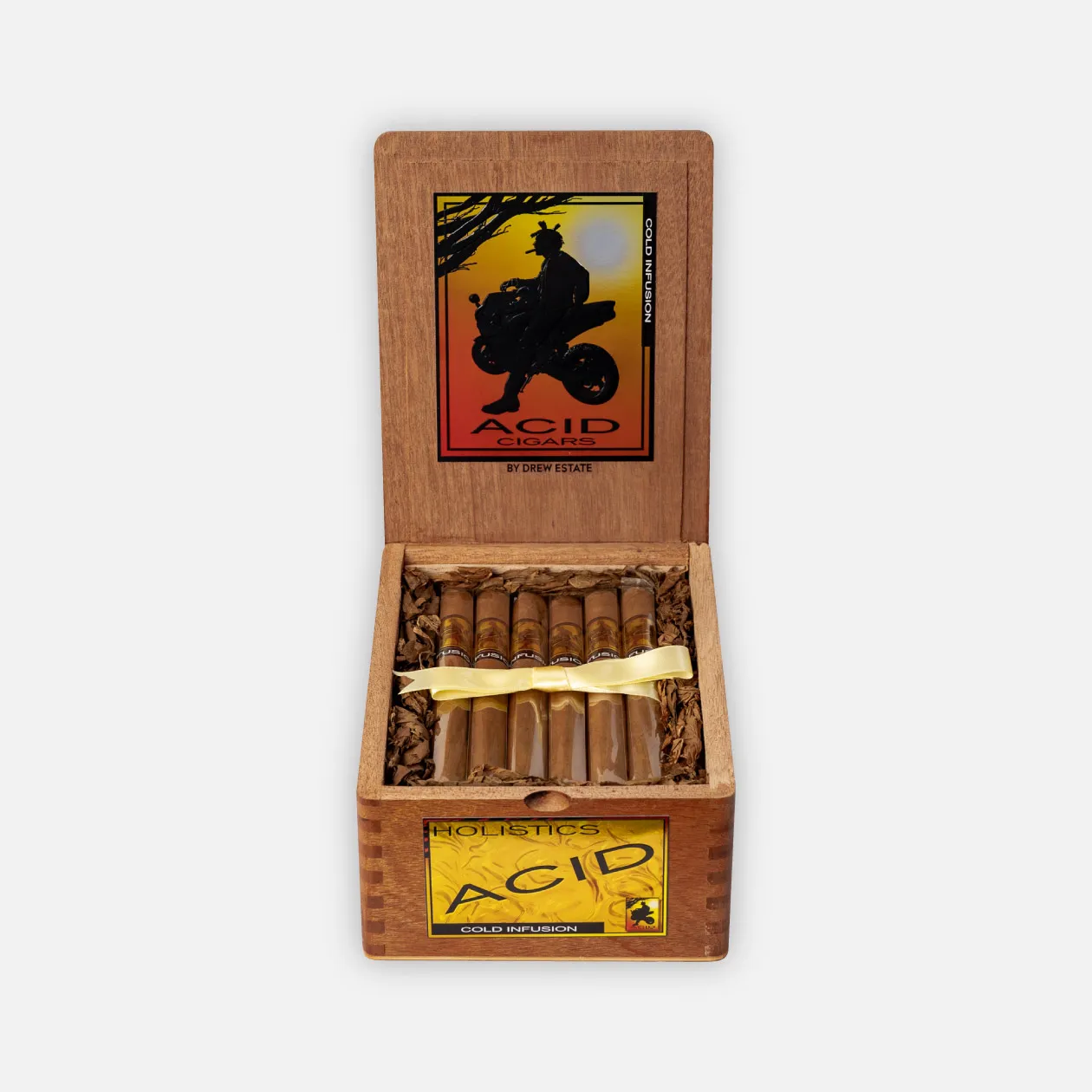 ACID by Drew Estate, Holistics Gold Infusion cigars, bold and artistic presentation.