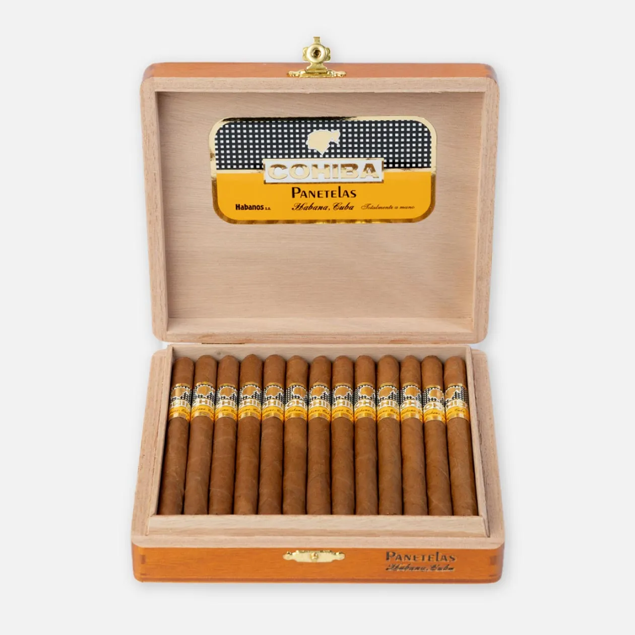 Cohiba Panetelas cigars in an elegant wooden box.