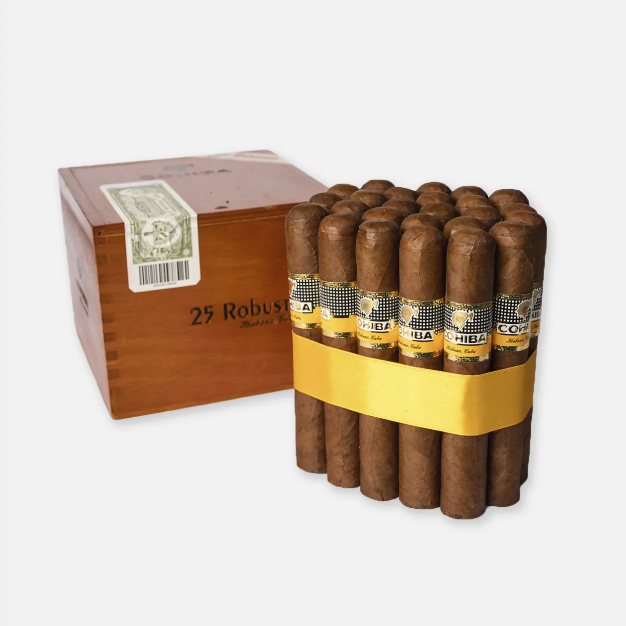 Cohiba Robustos cigars with elegant wooden box packaging.