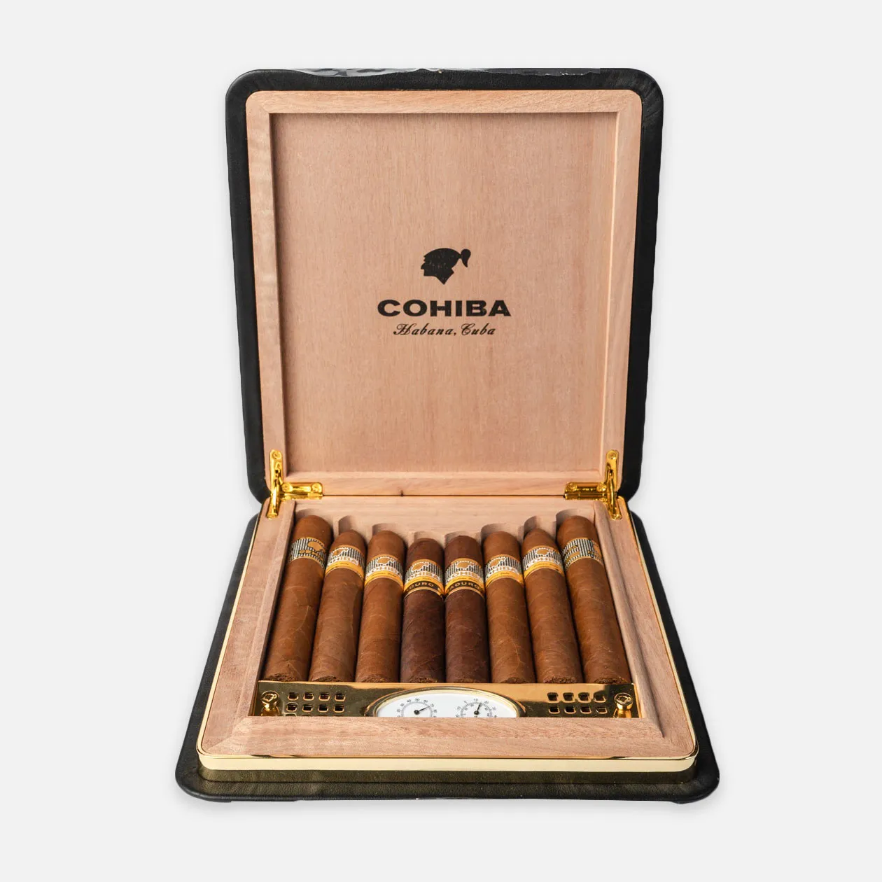 Cohiba box of premium Cuban cigars in elegant wooden case.