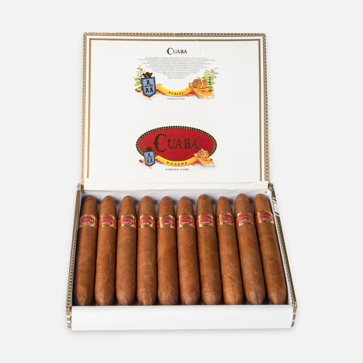 Cuaba cigars in an elegant open box, featuring distinct red and gold labeling.