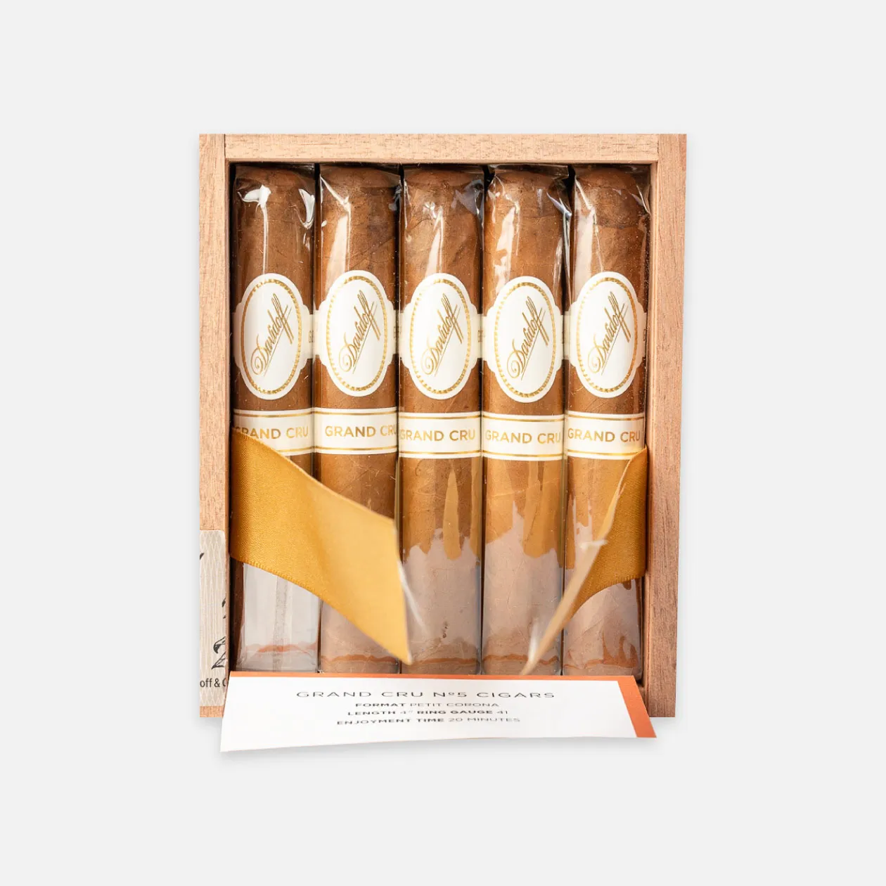 Davidoff Grand Cru No. 5 cigars in an elegant wooden box.