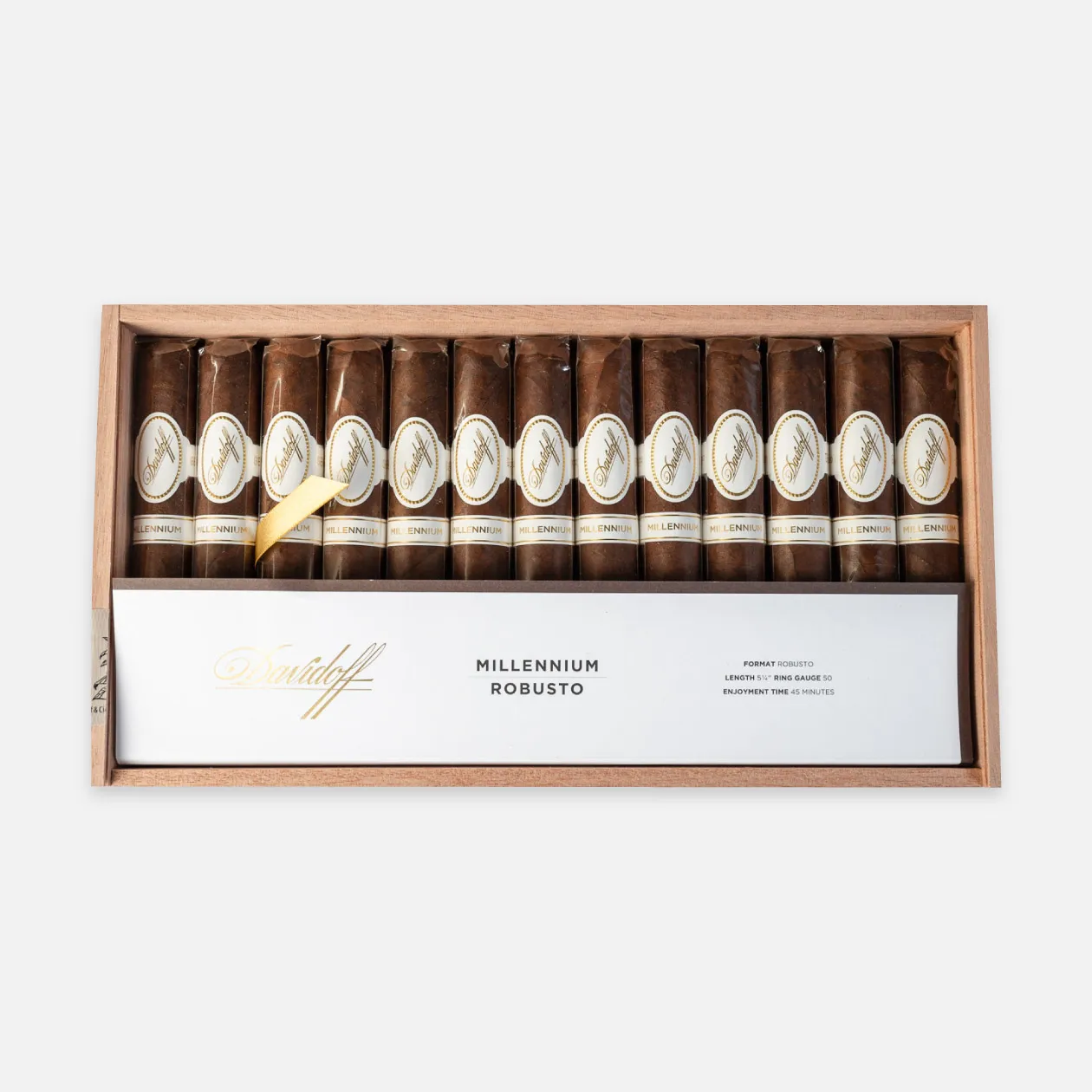 Davidoff Millennium Robusto cigars in elegant wooden box.
