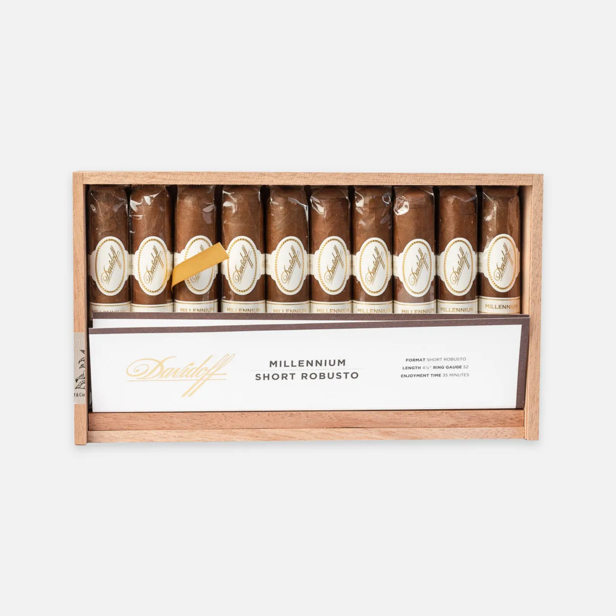 Davidoff Millennium Short Robusto cigars in an elegant wooden box.