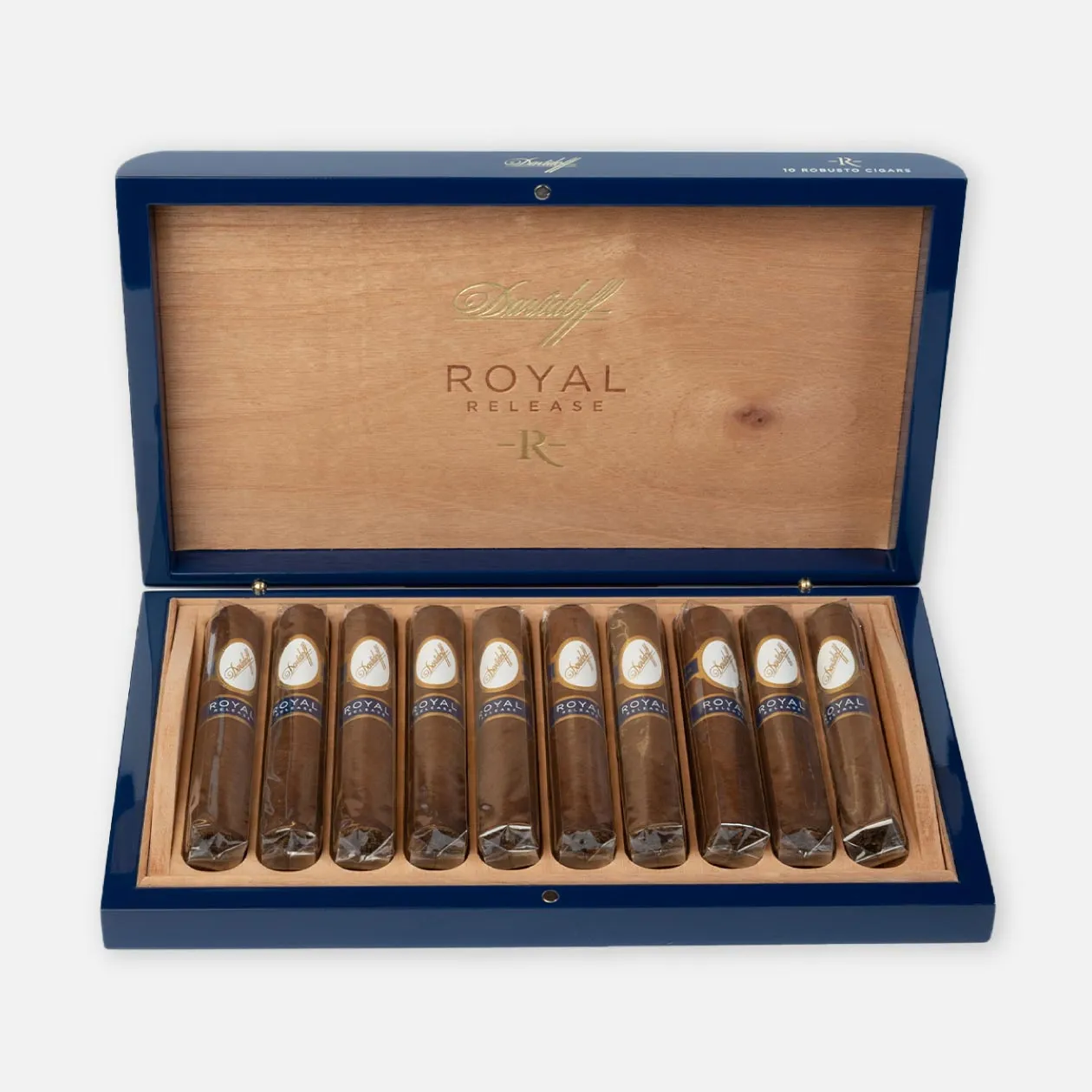 Davidoff Royal Release cigars in an elegant blue wooden box.