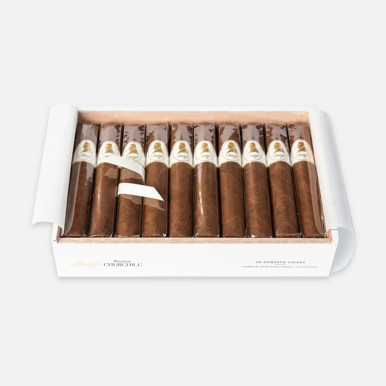 Davidoff Winston Churchill Robusto Cigars in elegant white packaging.