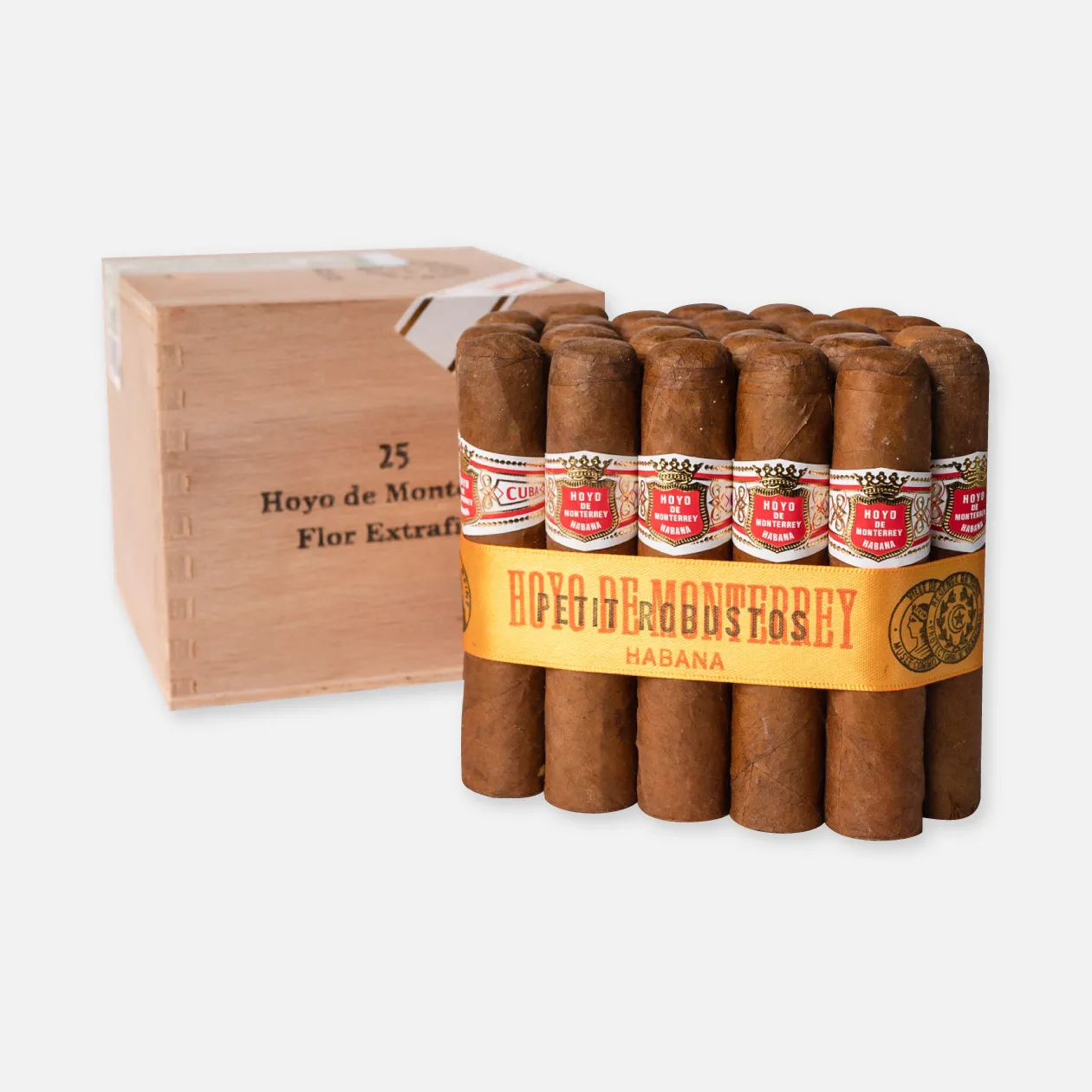 Hoyo de Monterrey Habano cigars in wooden box.