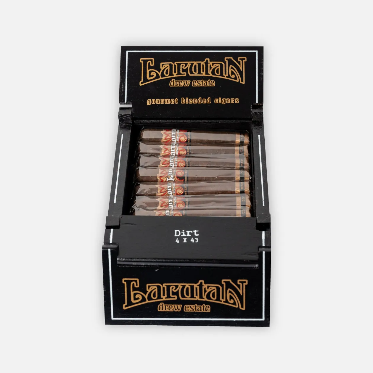 Larutan Drew Estate gourmet blended cigars, Dirt series in sleek black box.