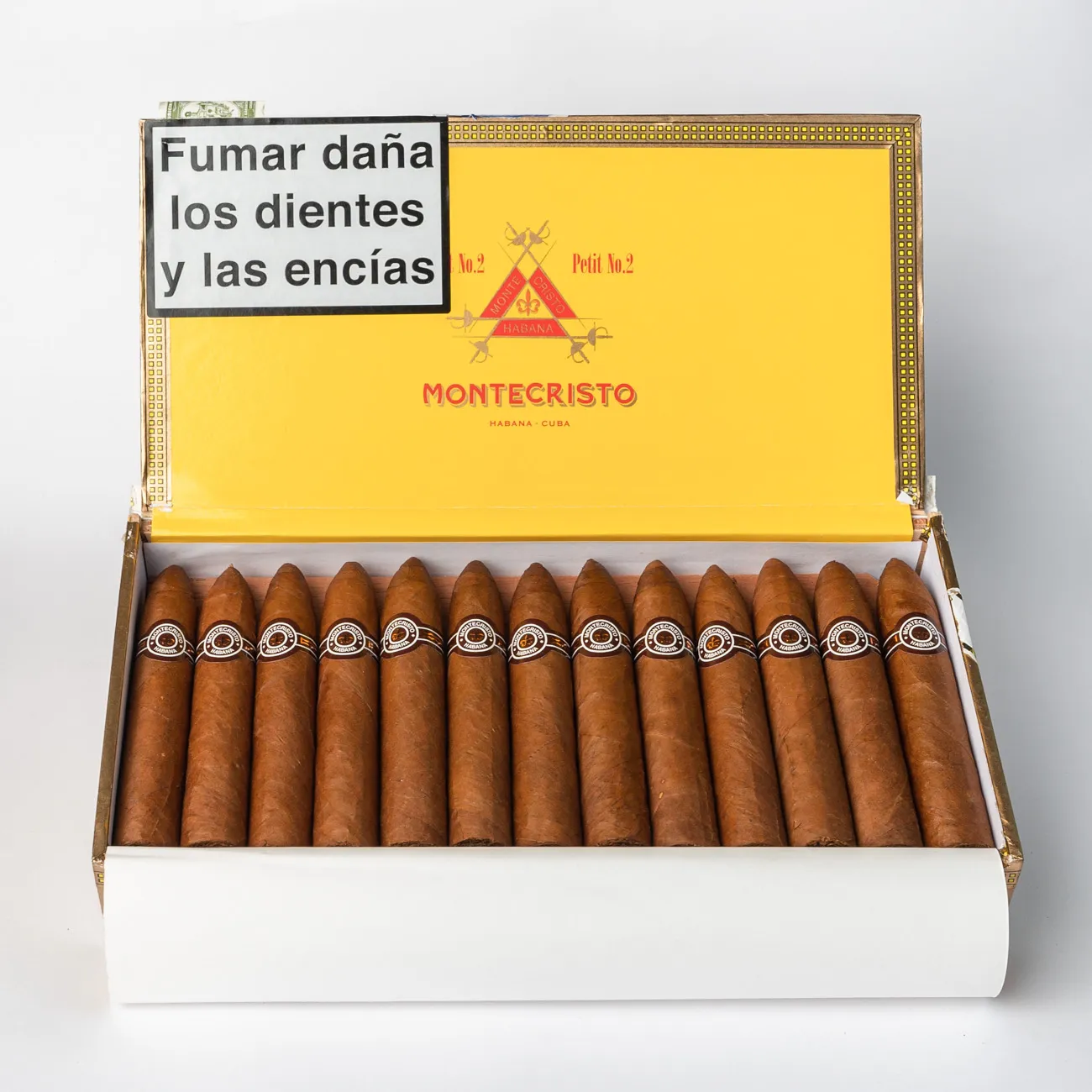 Montecristo Petit No. 2 cigars in a branded box.