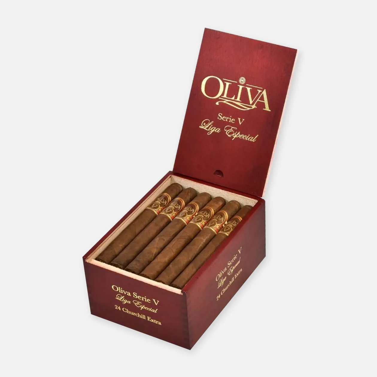 Oliva Serie V Liga Especial Churchill cigars in elegant wooden box.