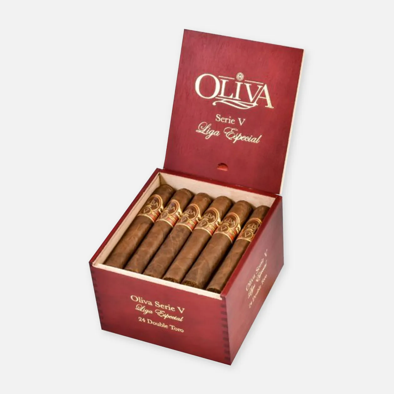 Oliva Serie V Liga Especial cigars in elegant red box.