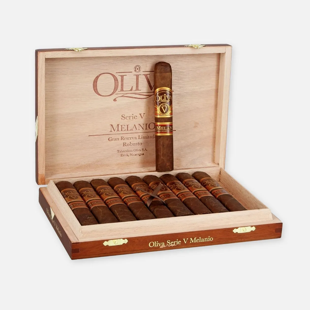 Oliva Serie V Melanio Robusto Cigar in elegant wooden box.