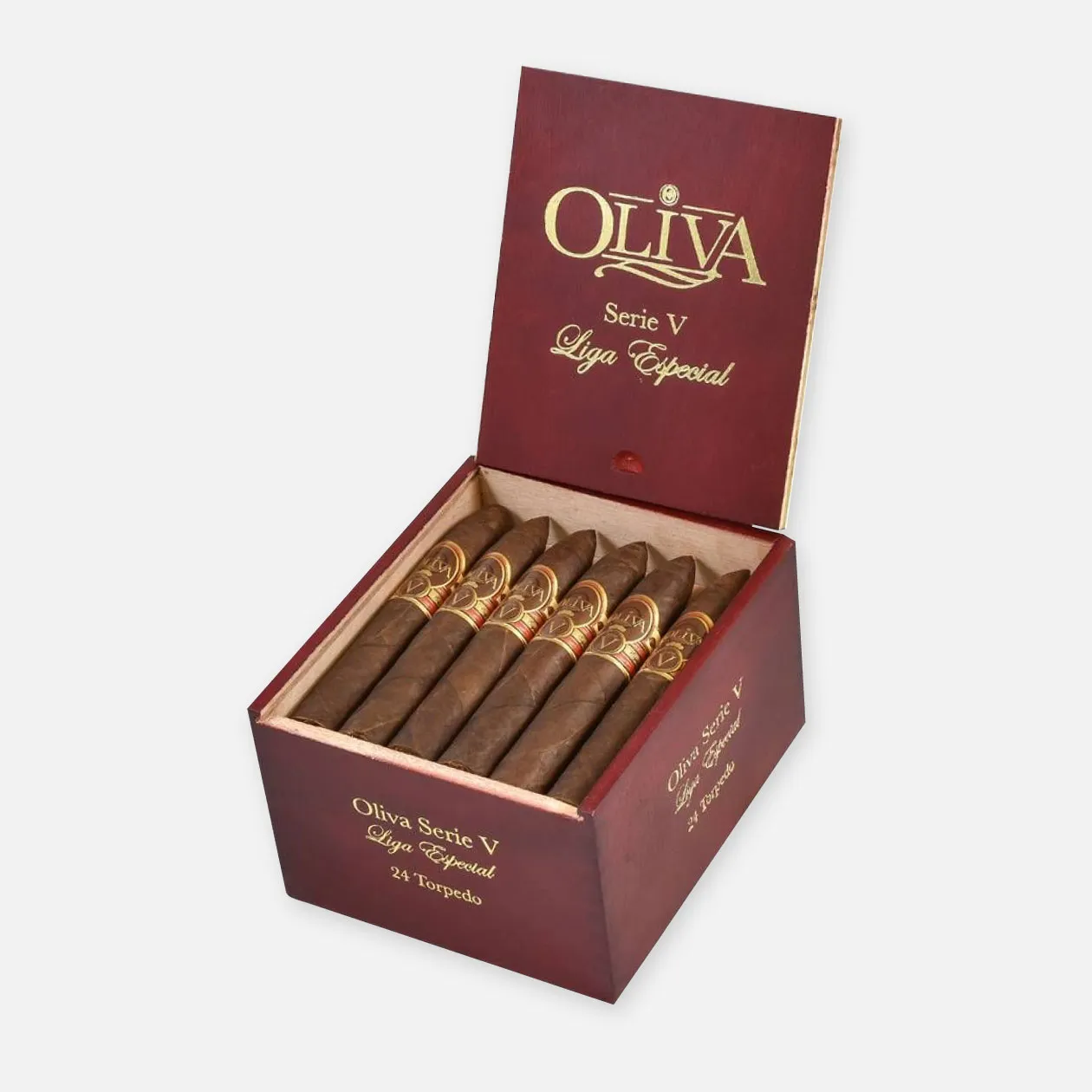 Oliva Serie V Liga Especial Torpedo, luxury cigars in elegant wooden box.