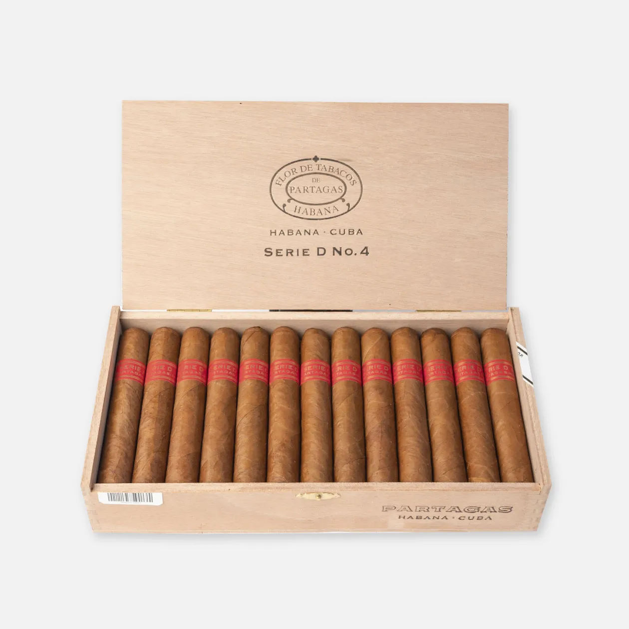 Partagas Serie D No.4 cigars in a wooden box, classic presentation.