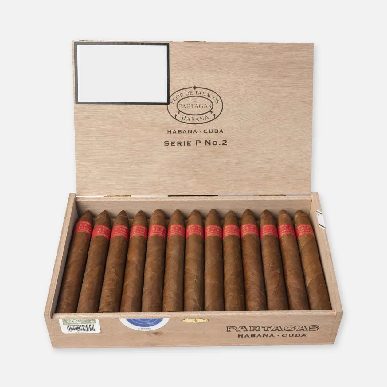 Partagas Serie P No. 2 cigars in a wooden box.