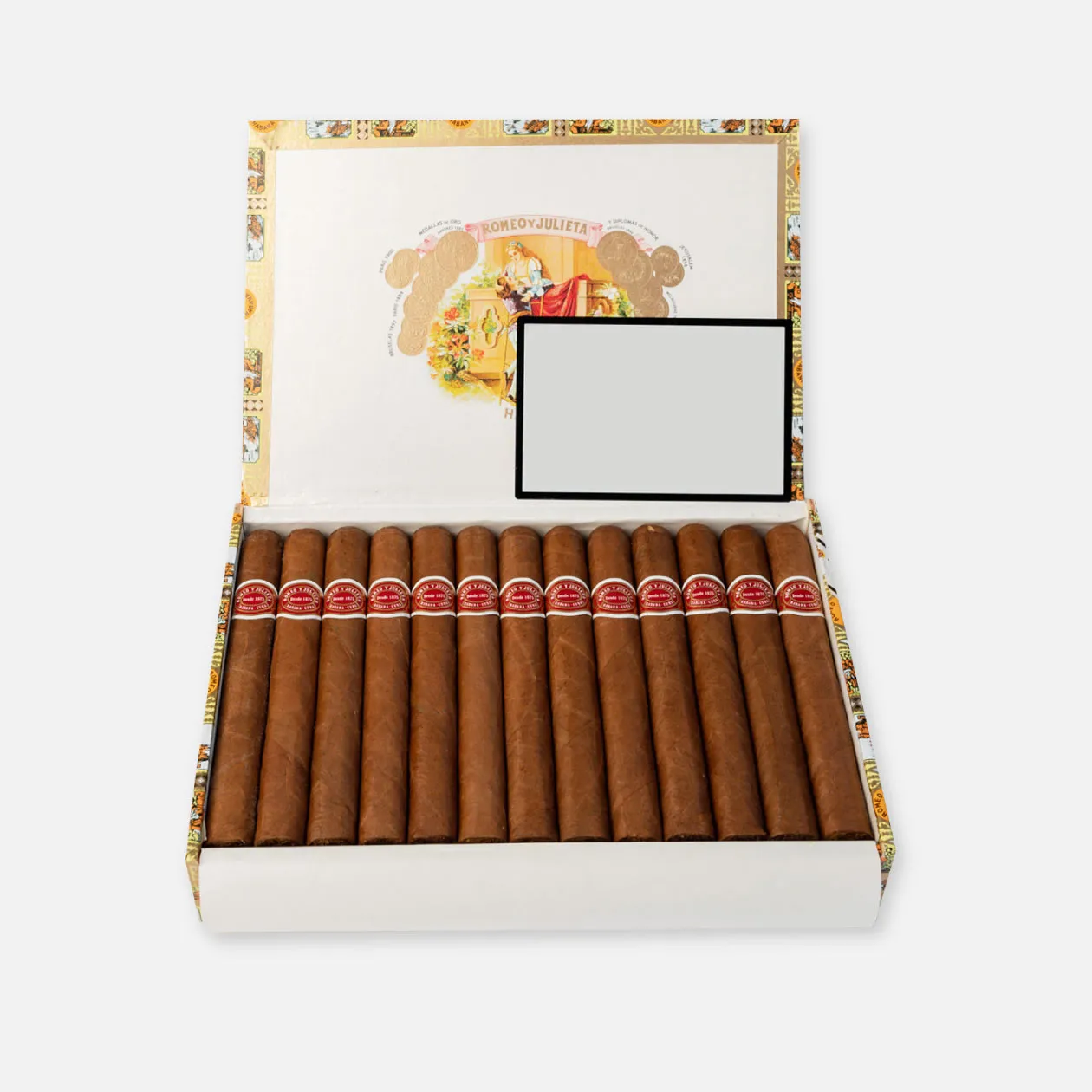 Romeo y Julieta cigars in an elegant open box display.