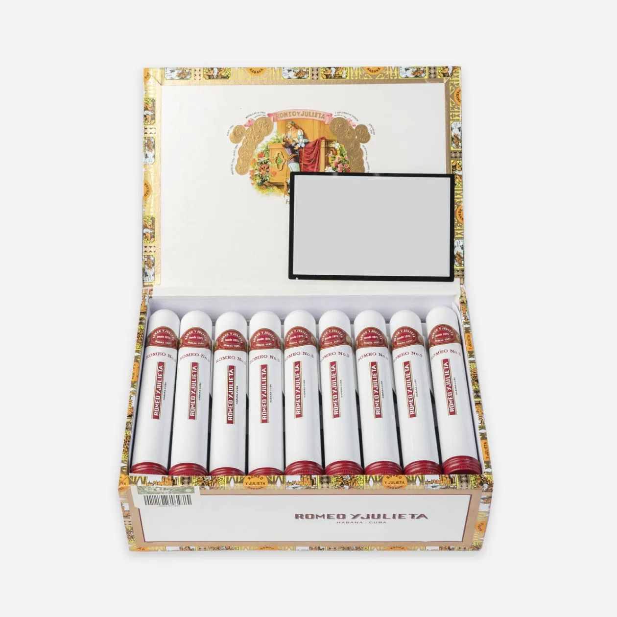 Romeo y Julieta cigars in elegant white and red tubes.