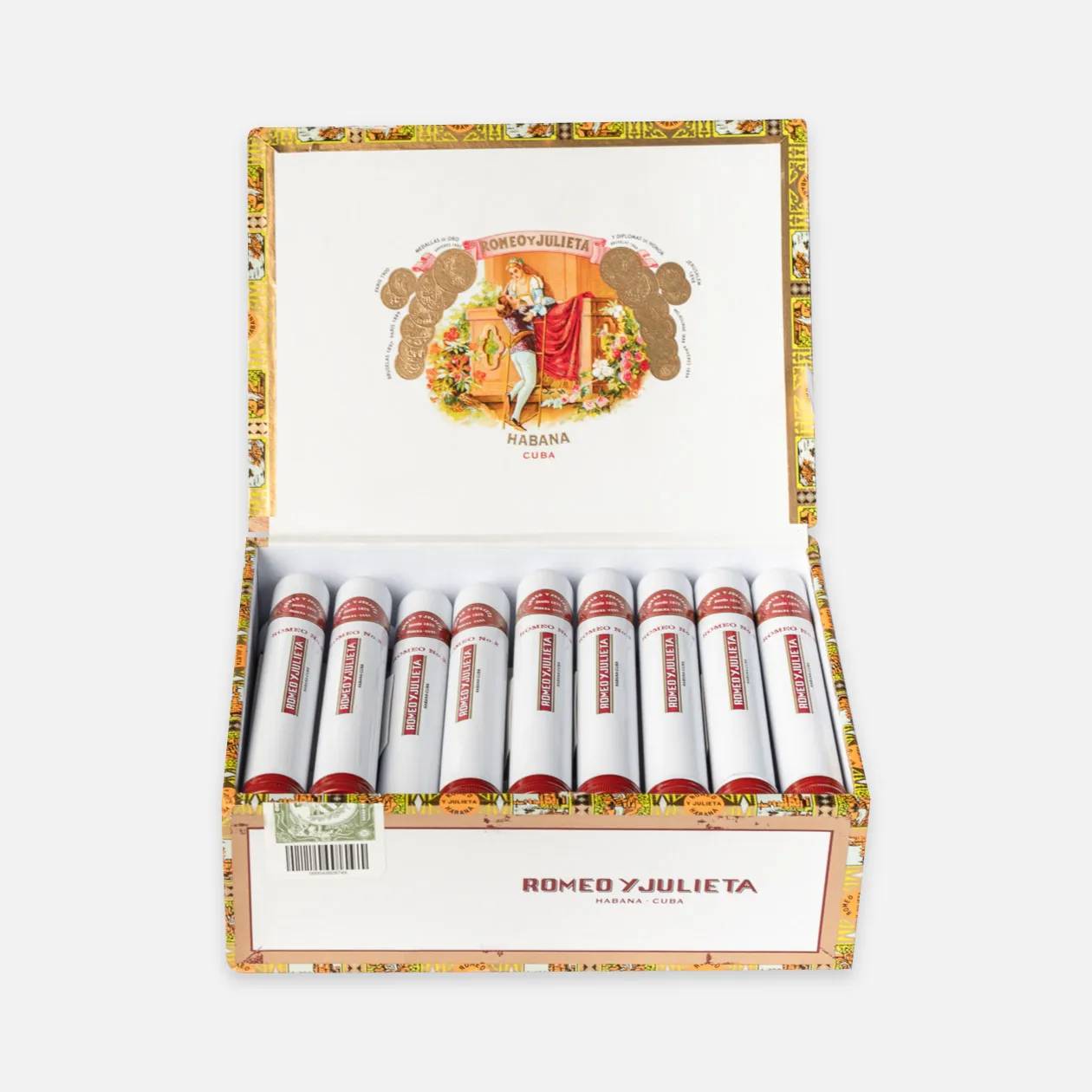 Romeo y Julieta Cuban cigars in decorative box with ornate design.