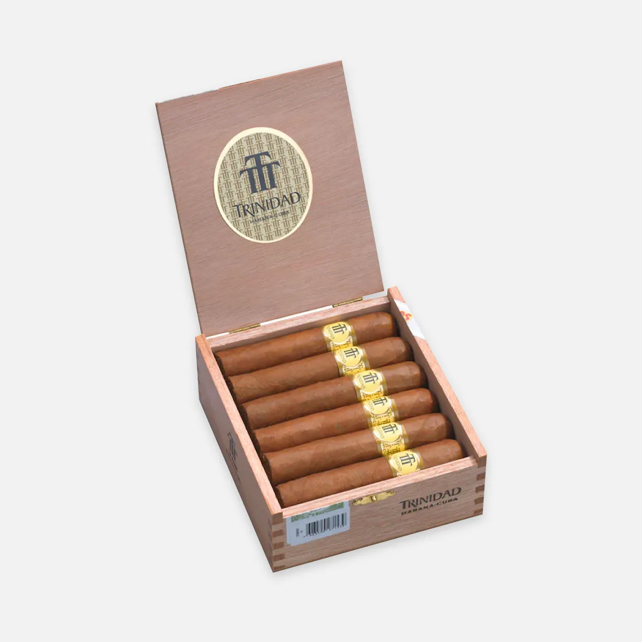 Trinidad cigars in an elegant wooden box with gold bands.