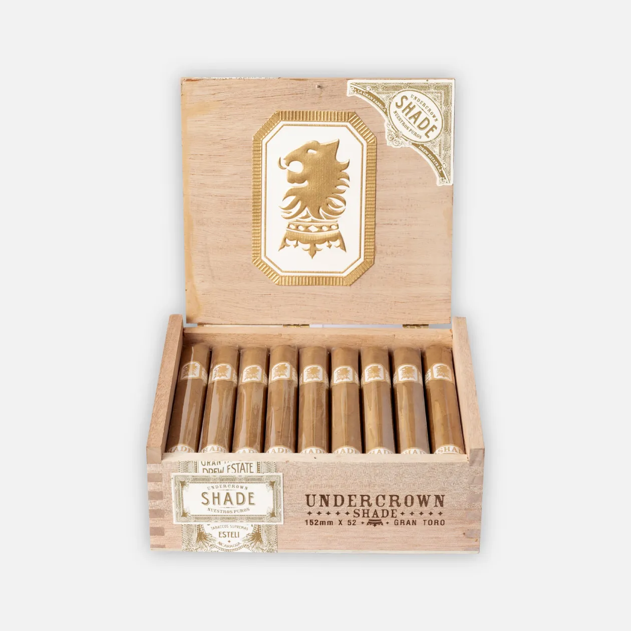 Drew Estate Undercrown Shade Gran Toro cigars in elegant wooden box.