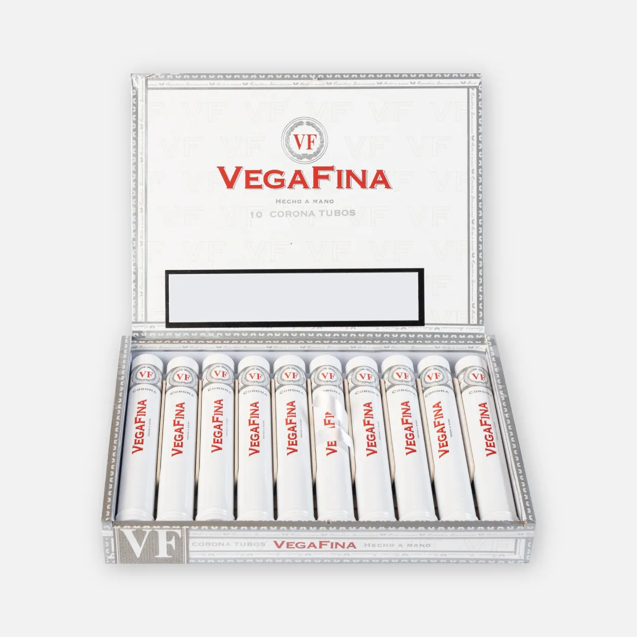 Vegafina Corona Tubos, elegant white and red design, box of 10.