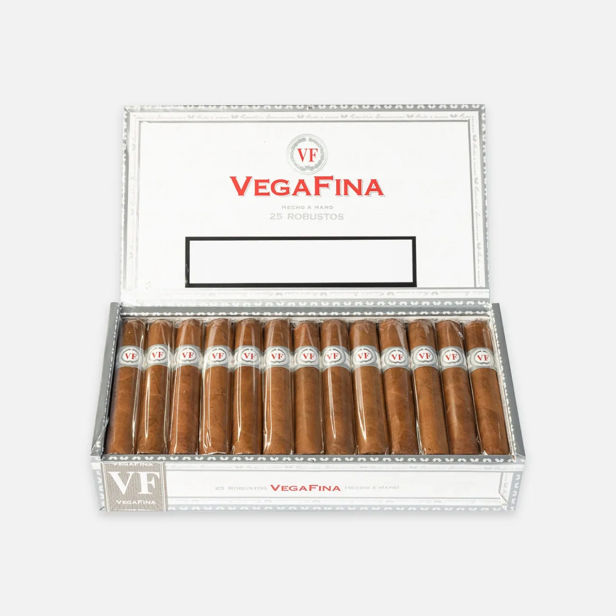 Vegafina Robustos cigars in elegant silver-trimmed white box.
