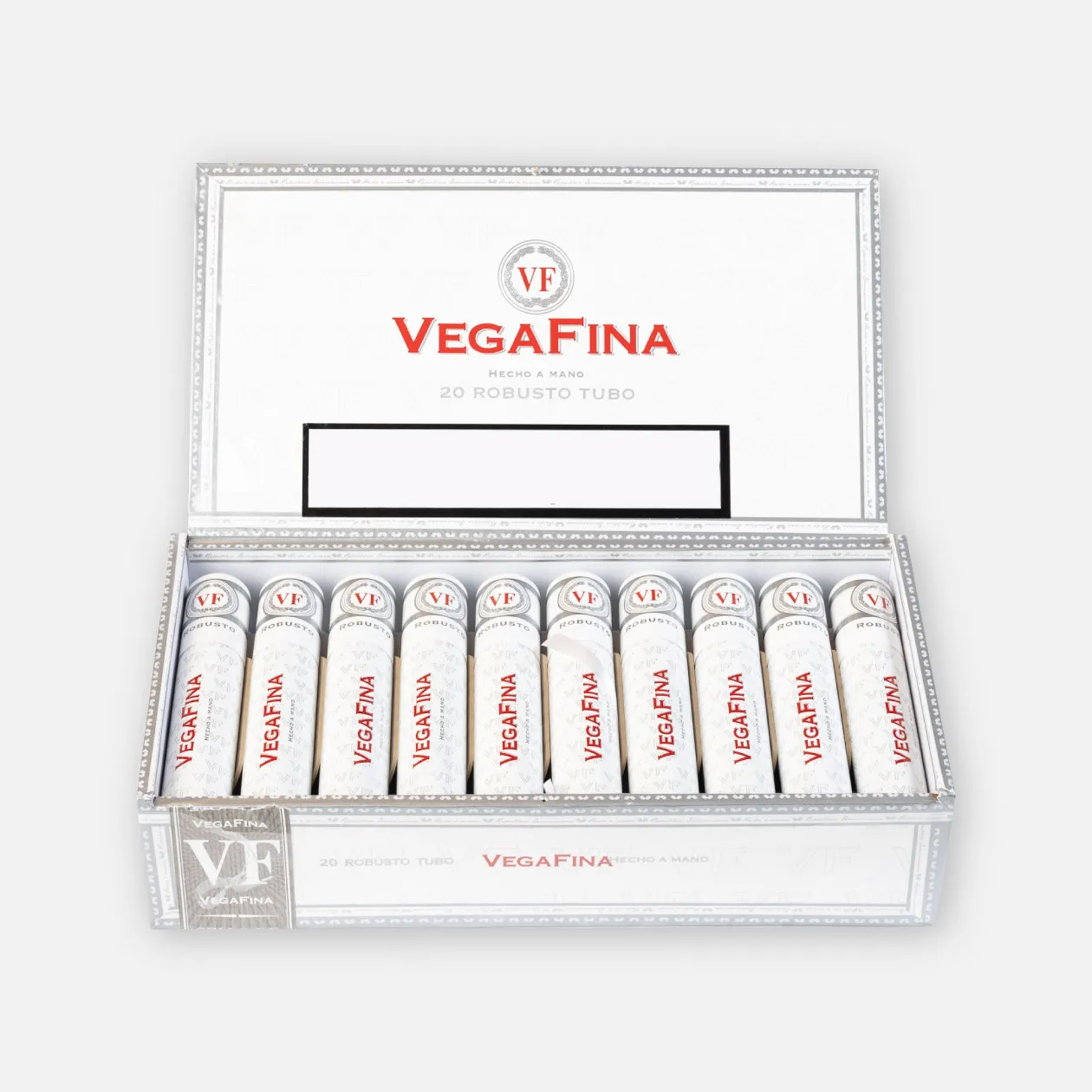 Vegafina 20 Robusto Tubo cigars in elegant white packaging.
